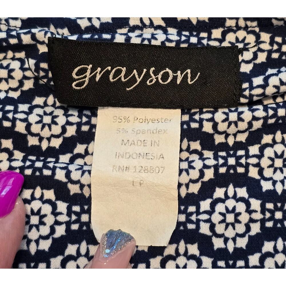 Grayson Top Womens LP Navy White Geometric Print 3/4 Sleeve Ruched 3/4 Sleeve - Picture 4 of 12